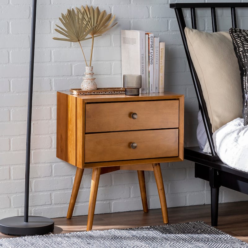 Mid-Century Modern Double-Drawer Solid Wood Nightstand with Antique Hardware