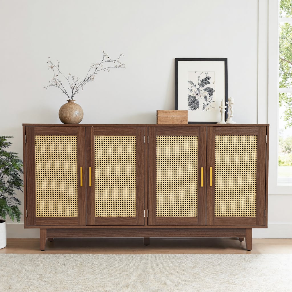 Rattan Accent Cabinet Storage Sideboard Buffet with 4 Doors