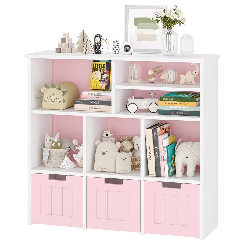 Toy Storage Organizerwith Hidden Wheels, Kids Bookshelf Floor Toy Storage Cabinet, 3 Movable Drawers