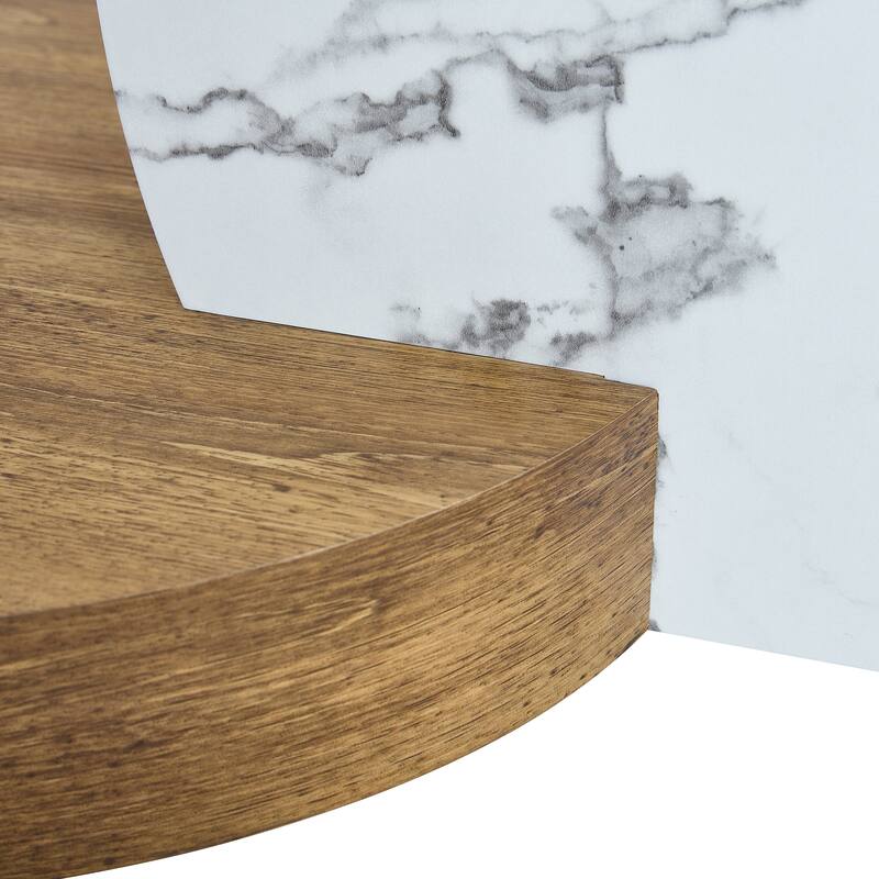 GDFStudio Marlowe Tempered Glass Coffee Table with Marble and Wood Texture Dual Base