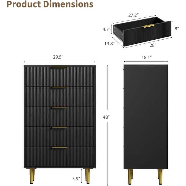 dimension image slide 2 of 15, Modern Natural Wood Color Fluted Dresser, Wooden Chest with Gold Metal Handles & Legs