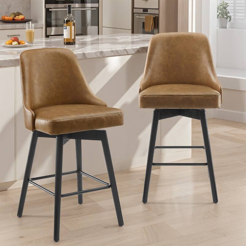 Art Leon Set of 2 Upholstered Counter Height Swivel Barstool - Brown Faux Leather