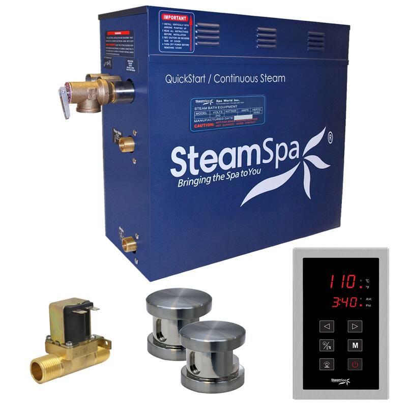 SteamSpa Oasis 12 KW QuickStart Steam Bath Generator Package with Built-in Auto Drain in Brushed Nickel -  17 in. L x 9.25 in. W x 15 in. H - Brushed Nickel