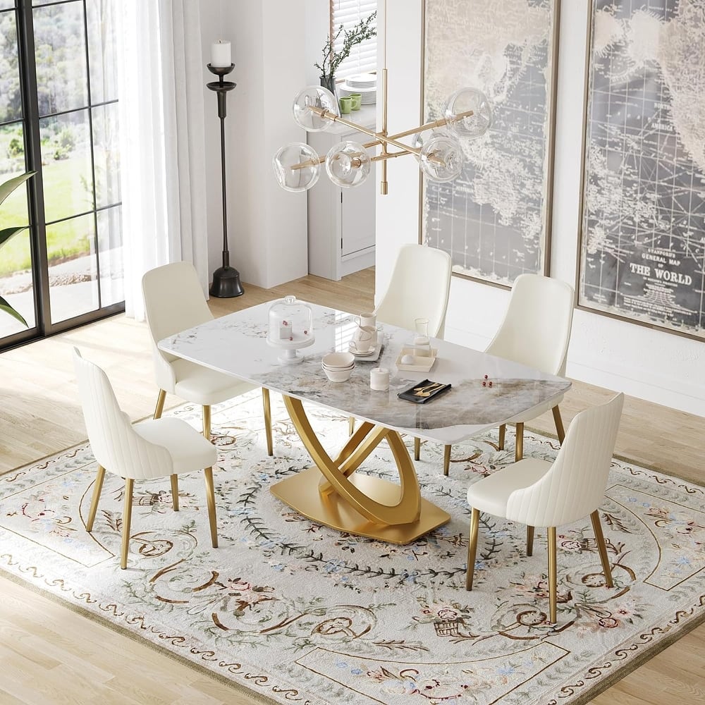 70.8'' Dining Table, Modern Dining Table for 8, Antique White Sintered Stone with Stainless Steel Gold Pedestal