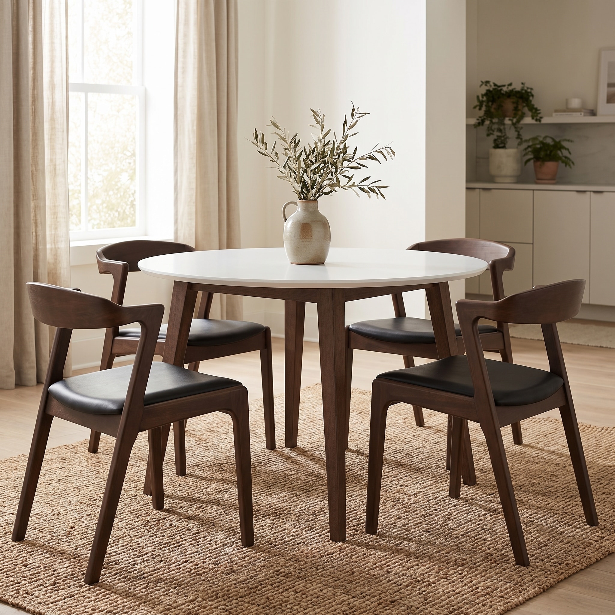 Homy Casa 5-Piece Mid-Century Modern Round Solid Wood Dining Set, 43-Inch White Table with 4 Black Faux Leather Chairs.
