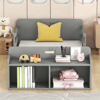 Twin Floor Bed with Guardrail and Storage Footboard, Grey