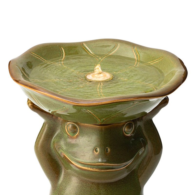 Glitzhome 21.5"H Ceramic Outdoor Floor Fountain Frog Hold a Lotus Birdbath with LED Light