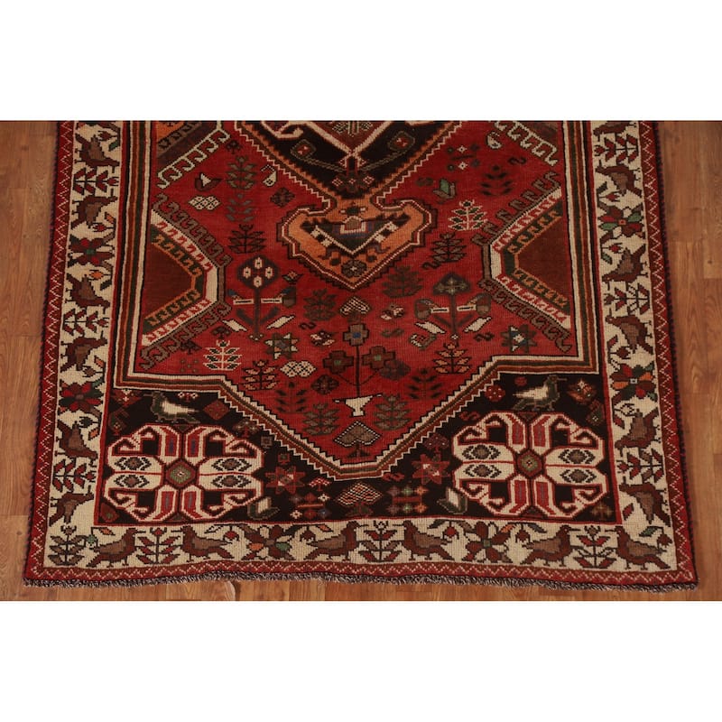 Red Shiraz Persian Vintage Area Rug Hand-Knotted Wool Carpet - 5'1"x 8'5"