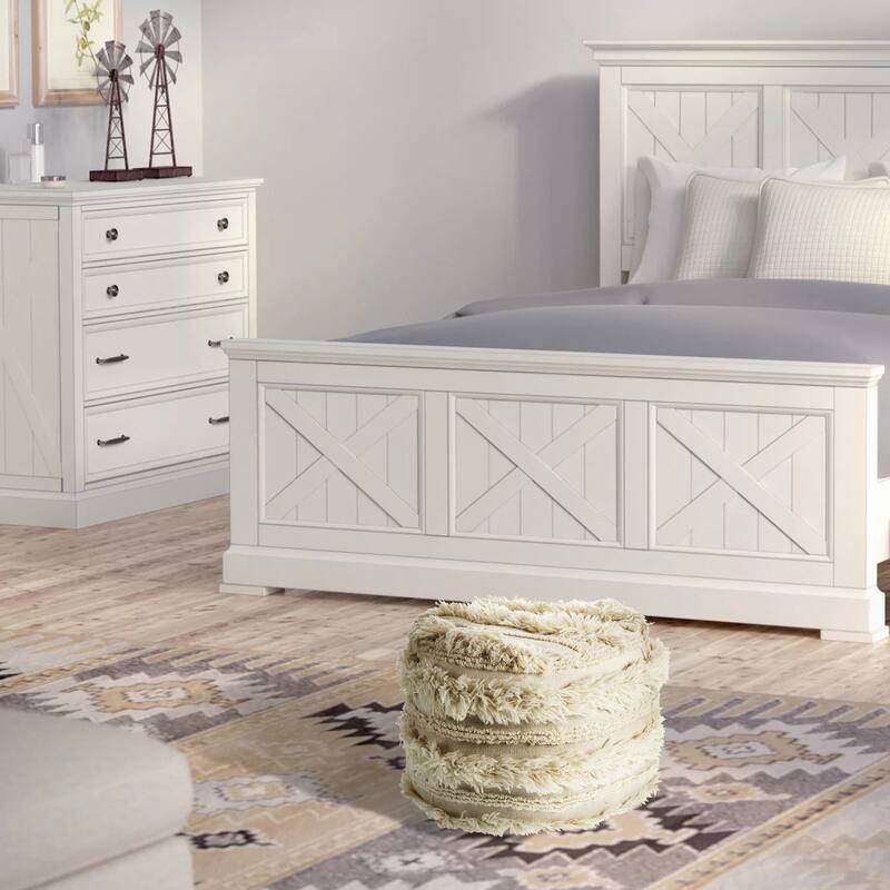 Sevita Fluffy Shaggy Faux Ivory Pouf Ottoman