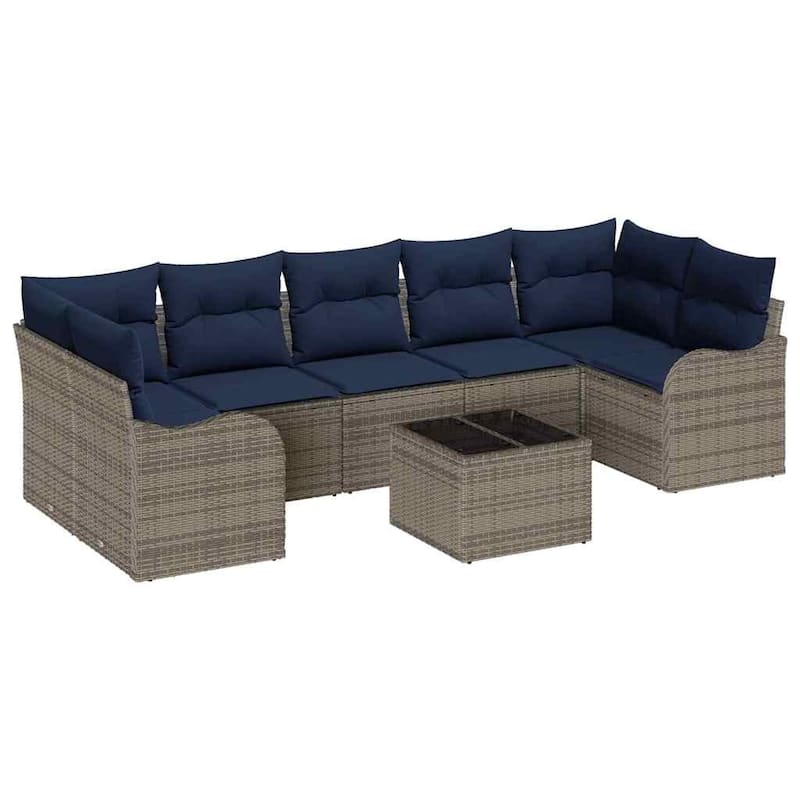 vidaXL 8 Garden Sofa Set with Cushions Black/Brown/Grey Poly Rattan - 113.8 x 48.2 x 27.2