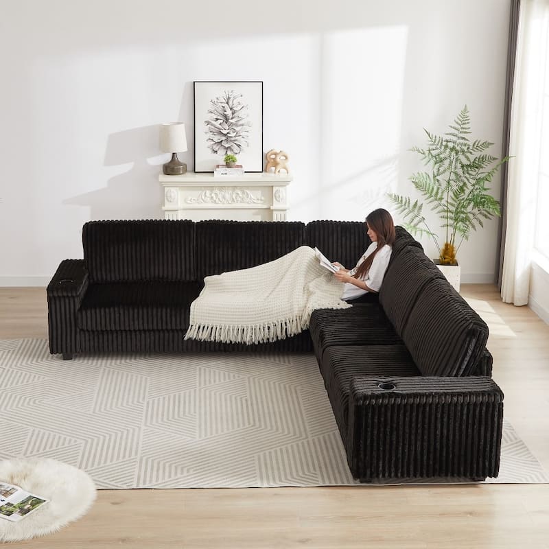 110" Oversized L-Shaped Corduroy Corner Sofa with Two USB Ports and Two Cup-holder - Black