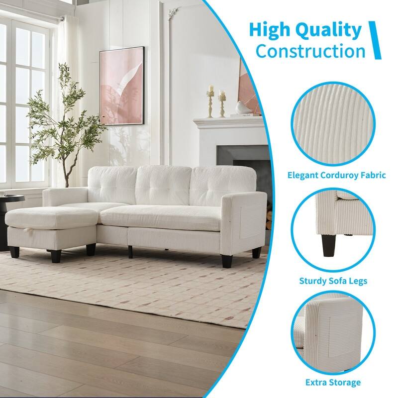 Mixoy 76'' L-Shaped Small Sofa Couch,3-Seater Corduroy Sectional Sofa with Storage Ottoman