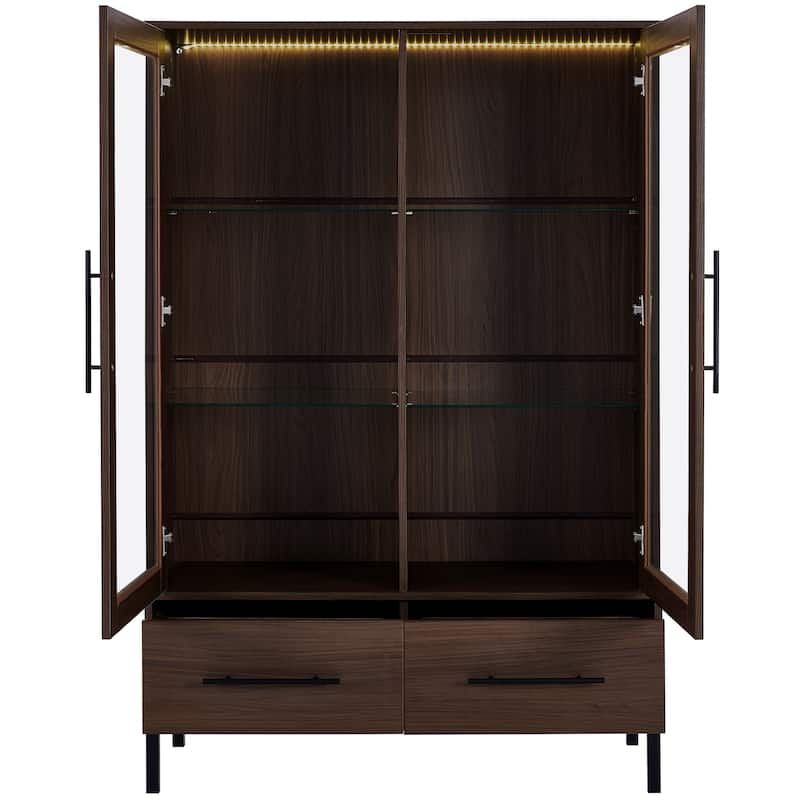 60'' Tall Display Cabinet with Tempered Glass Door, LED Lighting, Two Drawers, Modern Style Storage Cabinet