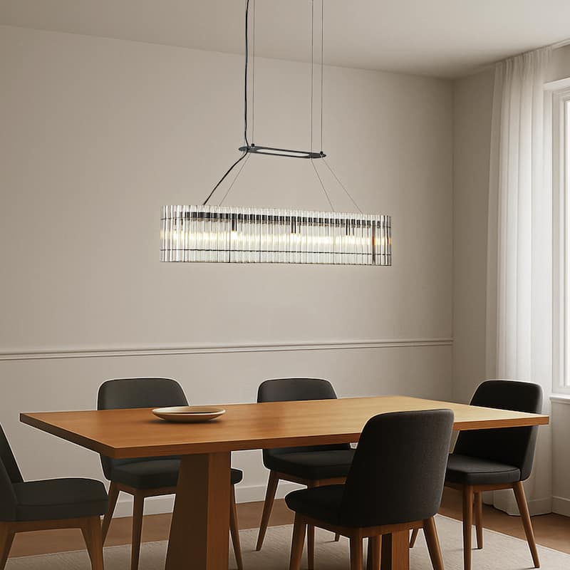 8-Light 39'' Modern Elegant Rectangle 2-Tier Glass And Matte Black Chandelier For Dining Room - W39‘’