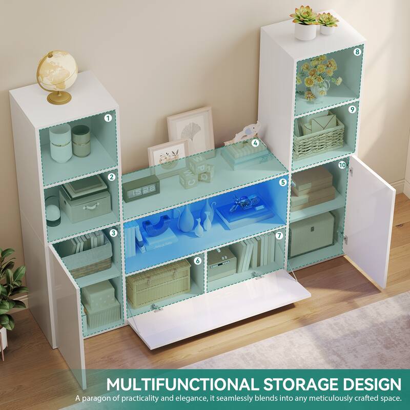 Moasis Modern 67" Glossy TV Stand with 4 Shelves and Cabinet for Living Room