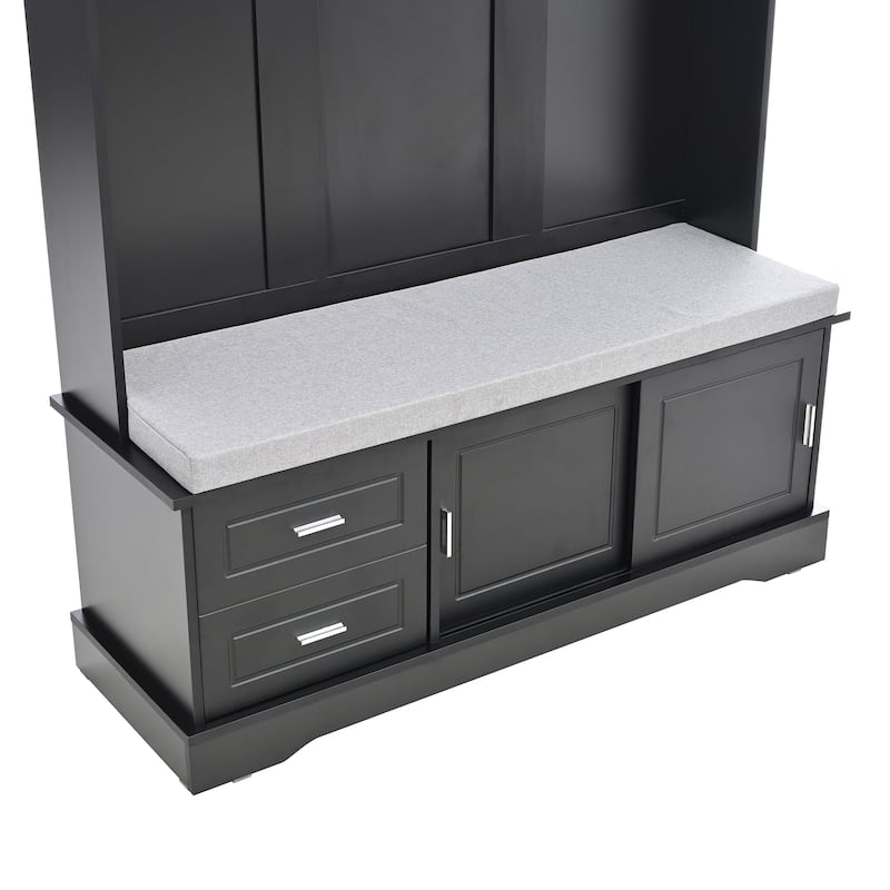 Entryway 3-in-1 Hall Tree with Storage Bench & Sliding Doors, Shoe Cabinet Coat Rack with Cushioned Seat & Anti-Tip