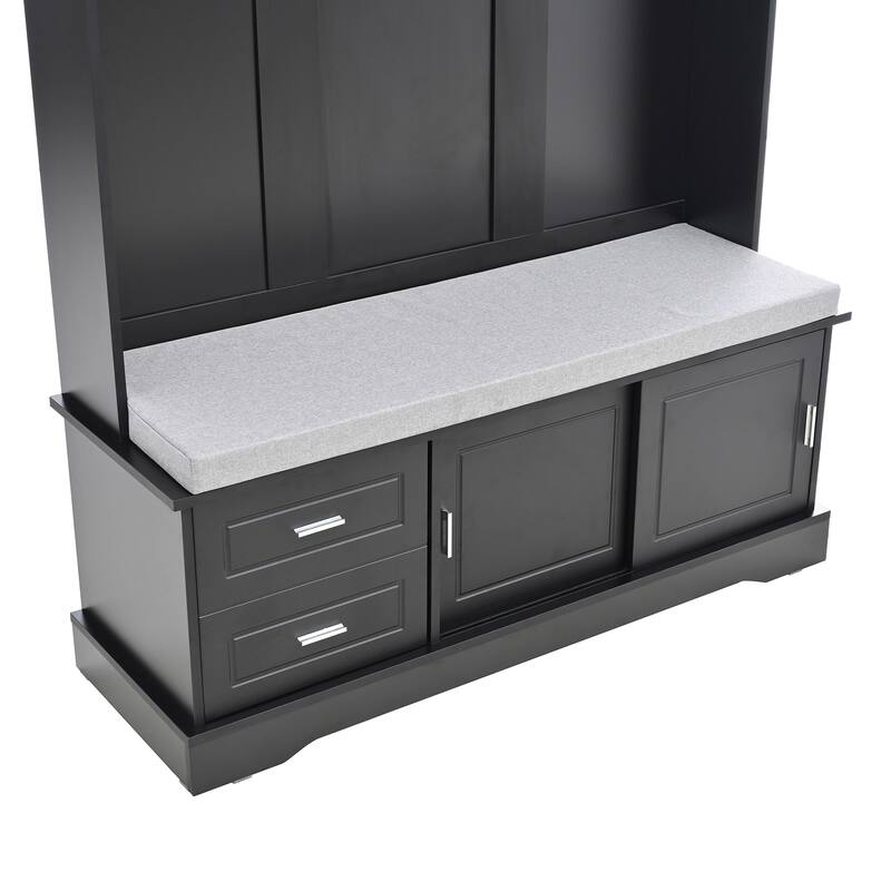 Hall Tree with Sliding Doors, Versatile Coat Rack with 6 Hooks & Handles, Mudroom Upholstered Bench Cabinet w/ Shoe Storag