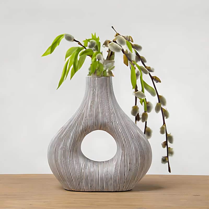 Eternity White Striped Textured Polyresin Vase Modern Table Decor