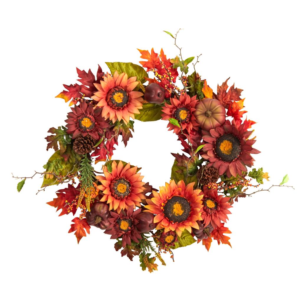 Sunflower Pumpkin Pinecone Berries Fall Harvest Artificial Wreath 24-"