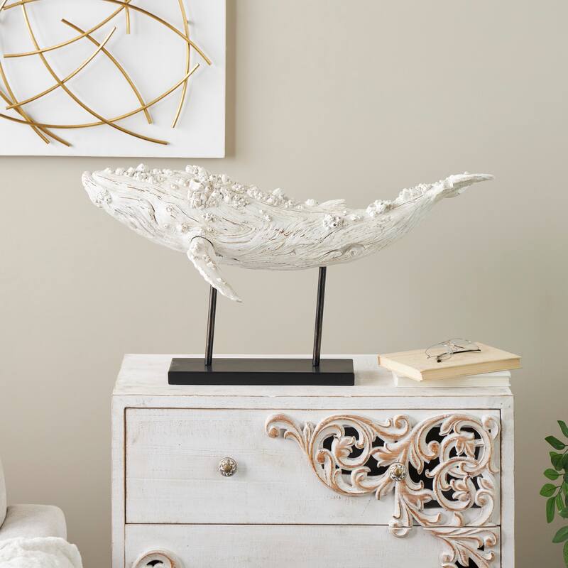 Cream Polystone Textured Whale Decorative Sculpture with Brown Distressing and Black Metal Stand - Cream