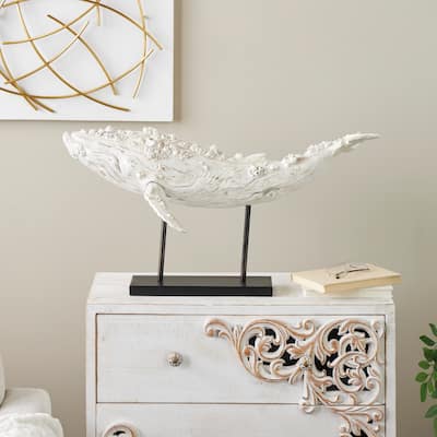 Cream Polystone Textured Whale Decorative Sculpture with Brown Distressing and Black Metal Stand