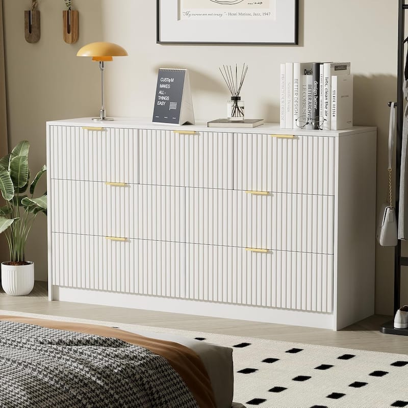 7 Drawer Dresser Fluted Wood Clothes Storage Cabinet, Modern Wide Dresser for Bedroom