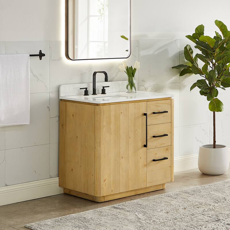 Serene Bathroom Vanity in Nature Brown with Grain White Engineered Stone Countertop without Mirror - 36 inch