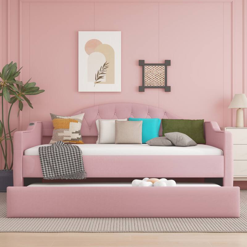 Tufted Upholstered Sofa Bed with Tray - Pink