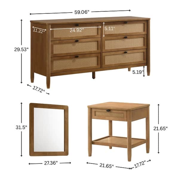dimension image slide 2 of 9, Roundhill Furniture Vichy 6-Piece Rattan Bedroom Set with Upholstered Bed, Dresser, Mirror, 2 Nightstands, and Chest