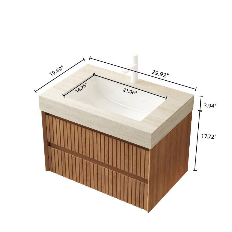 GDFStudio - Tilley Modern Floating Bathroom Vanity with Striped Wood Drawer Fronts & Ceramic Undermount Basin