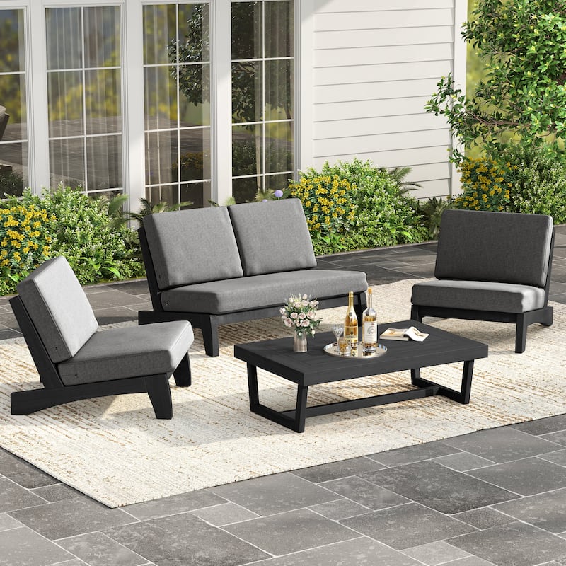 4Piece Wood Outdoor Loveseat Chair Conversation Set with Table Cushion