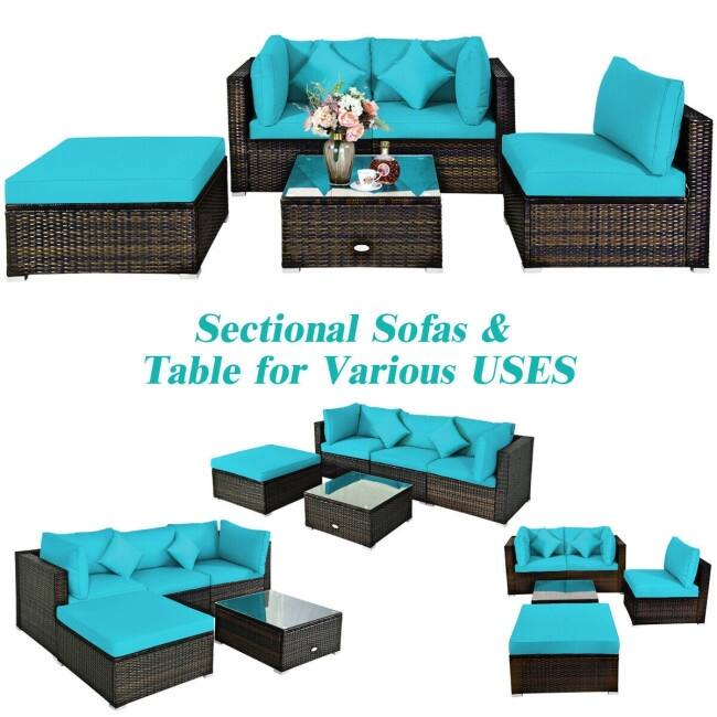 5 Pcs Outdoor Patio Rattan Furniture Set Sectional Conversation with Cushions - 29.5'' x 29.5'' x 25.5'' (L x W xH)