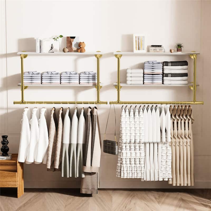 2 Tier Clothes Display Rack Pipe w/Wood Shelves for Garment Storage