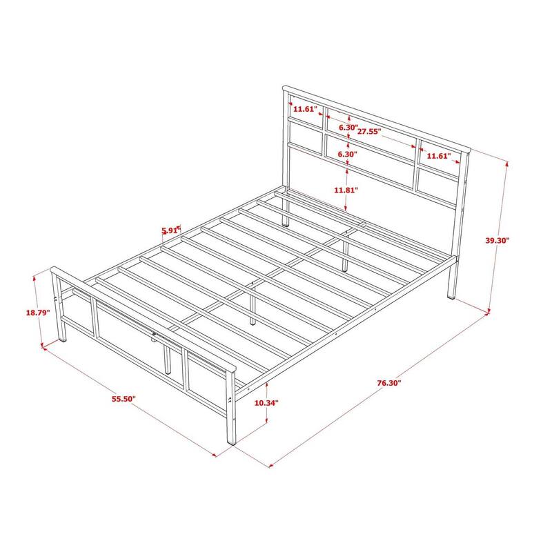 Full Size Bed with Metal Legs - Black Powder Coated Platform Bed Frame - Modern Bedroom Furniture