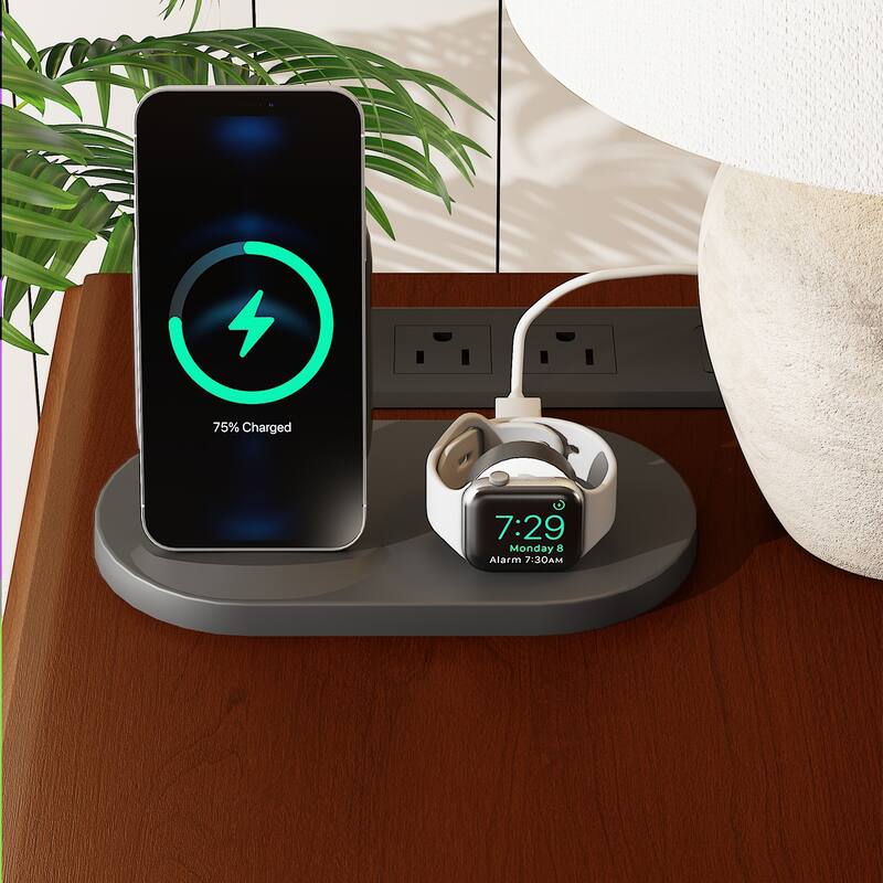 Slim Nightstand with Charging Station, Floor Standing Narrow Side Table, Wooden Storage Cabinet with 2 Drawers