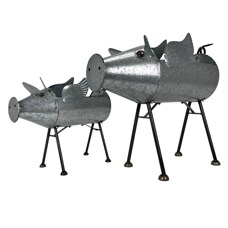 Set Of 2 Flying Pig Planters - Distressed Metal - Whimsical Farmhouse - 20 X 23.5 X 8.5 inches