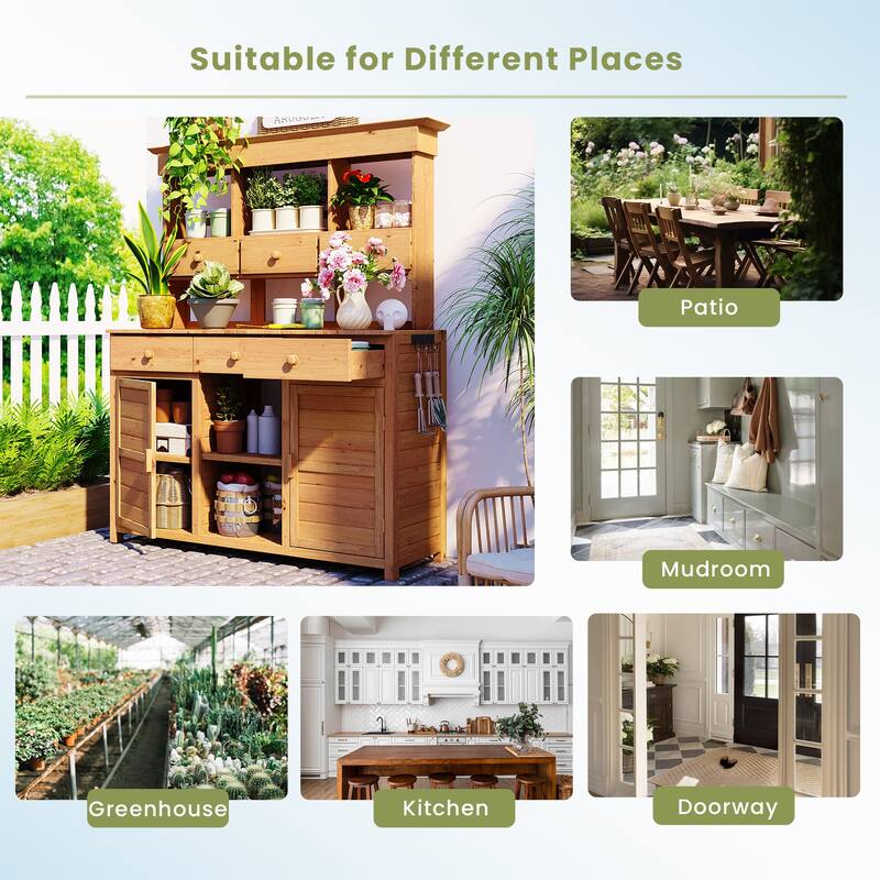 Outdoor Wood Workstation Table, Garden Potting Bench Table with Hutch, Storage Workstation with 2 Bottom Cabinets and Side Hooks