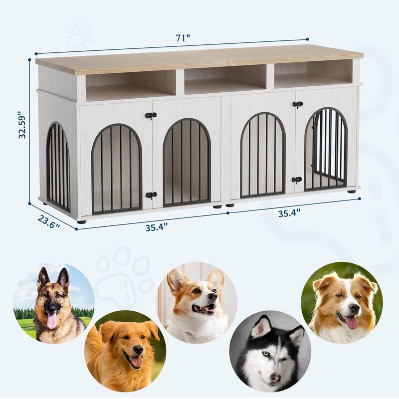 71" Double Dog Crate Furniture, with 3 Storage Shelves and 8 Adjustable Feet