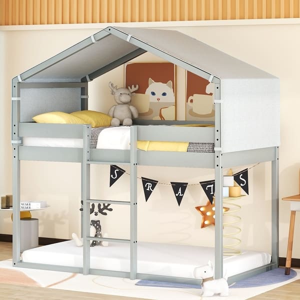 slide 2 of 9, Gray Twin Over Twin Pine Bunk Bed with Tent, Playhouse, Fence, Storage