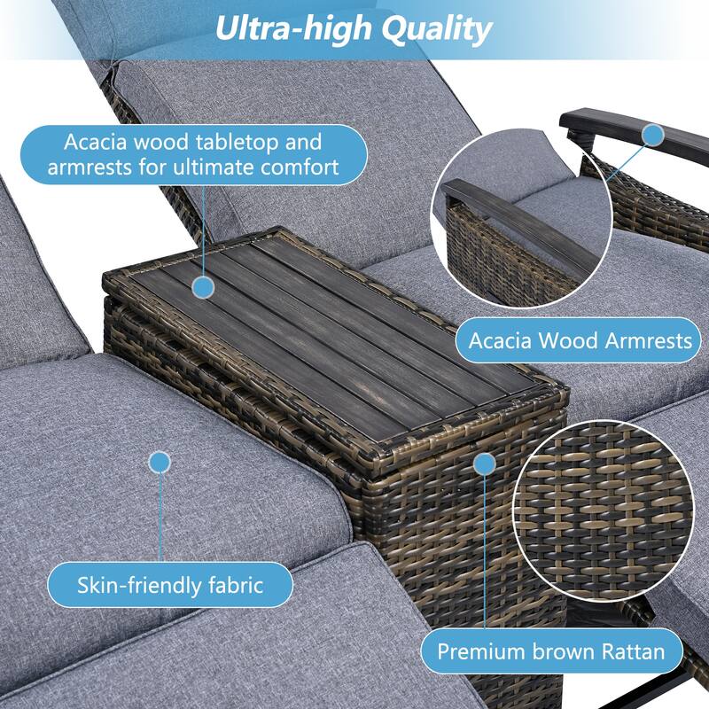 Adjustable Backrest Patio Recliner Wicker Outdoor Lounge Chair Set with Acacia Wood Armrests and Built-in Storage Table