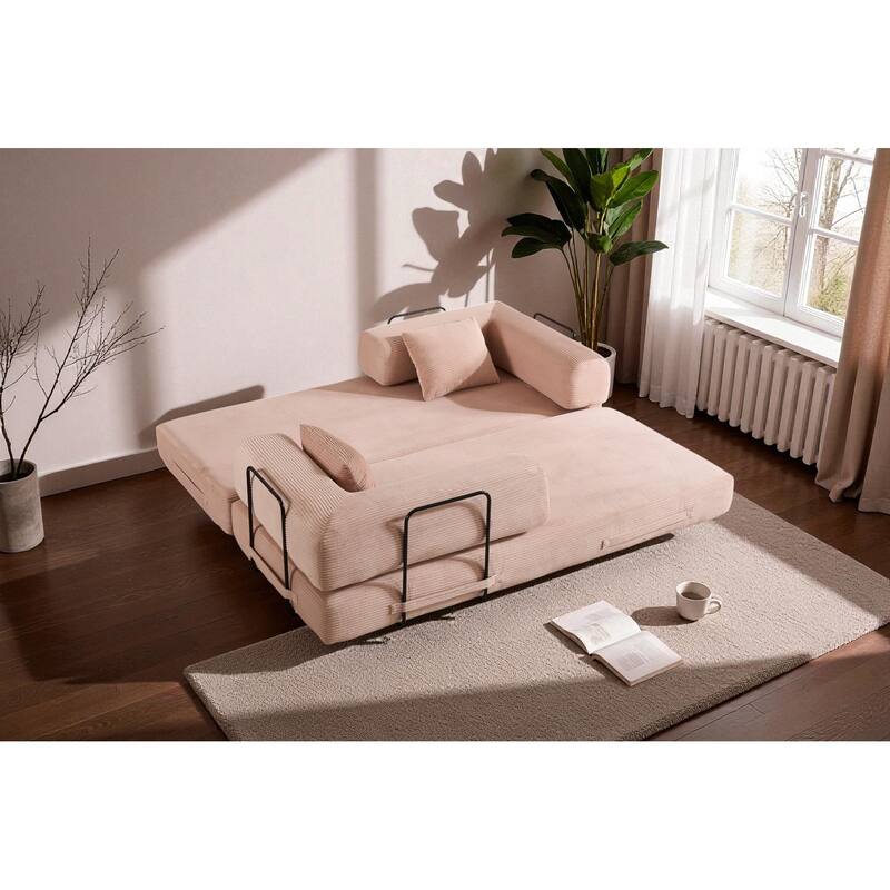 Convertible Corduroy Sleeper Sofa Bed, 4-in-1 Folding Mattress Couch with Cylindrical Pillow & Fixed-Shape Frame, No-Assembly