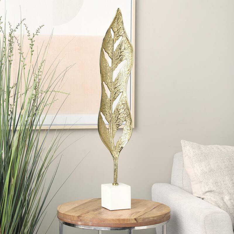 Aluminum Metal Leaf Tall Textured Cutout Decorative Sculpture with White Marble Base - Gold - Roche River Decor