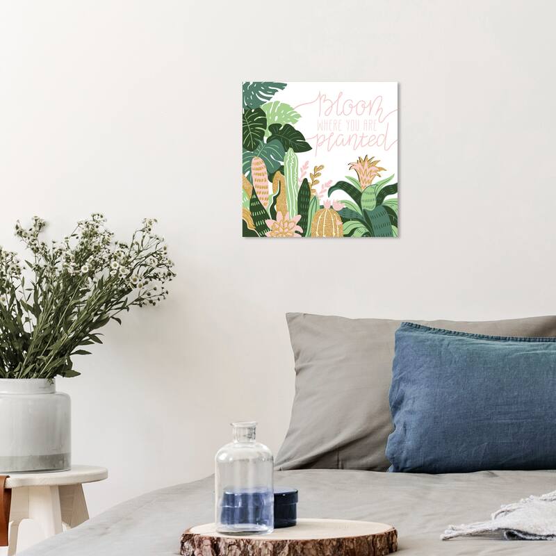 Wynwood Studio Canvas Floral and Botanical Bloom Where you are planted Green and Pastel Pink Tropical Wall Art Canvas Print - 12 x 12