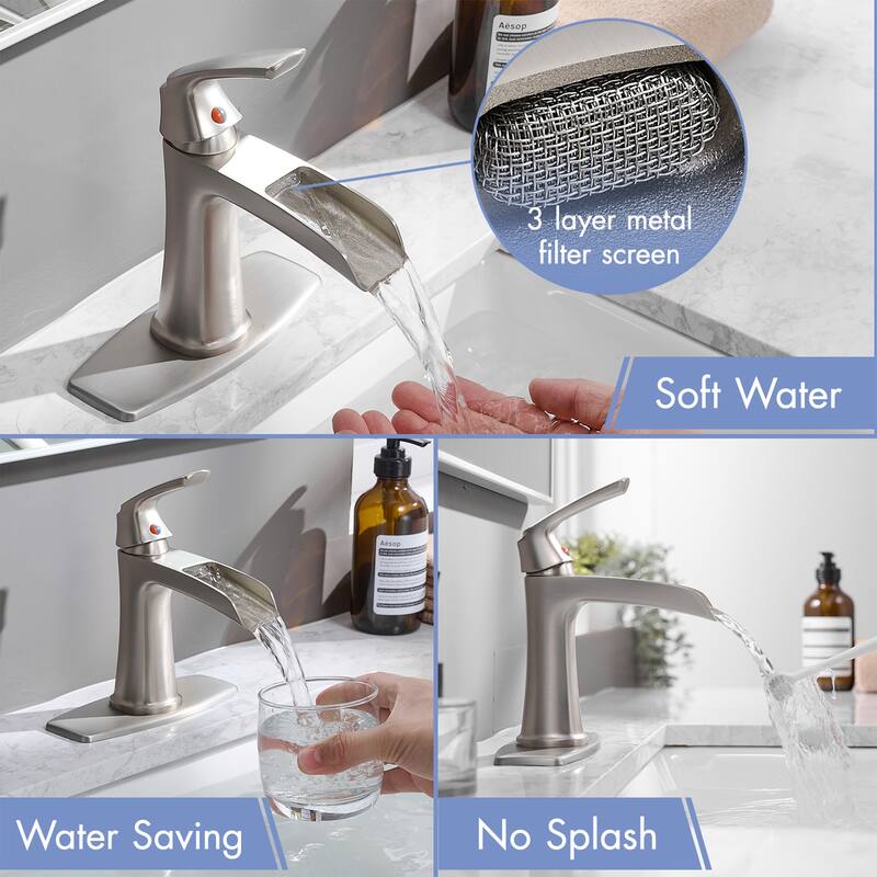 Single hole 1-handle Waterfall Handle Bathroom Sink Faucet with Drain with Deck Plate