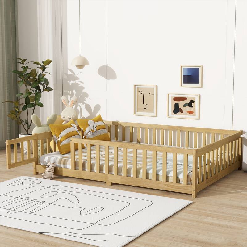 White Full Size Wooden Floor Bed with Fence & Door, Rubber, Safety Guardrails