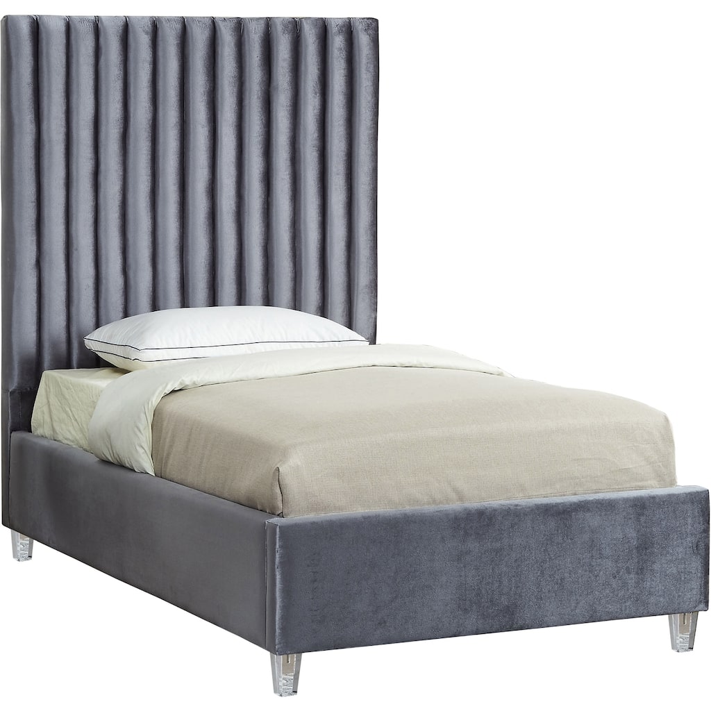 65 in.H Gray Wood Frame Twin Size Panel Bed with Velvet Upholstery Material and Bed Frame Mounted