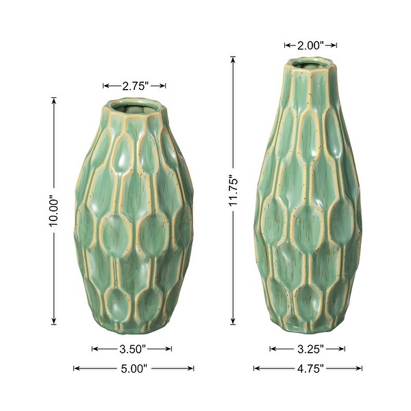Glitzhome Set of 2 Modern Geometric Green Ceramic Table Vases - On