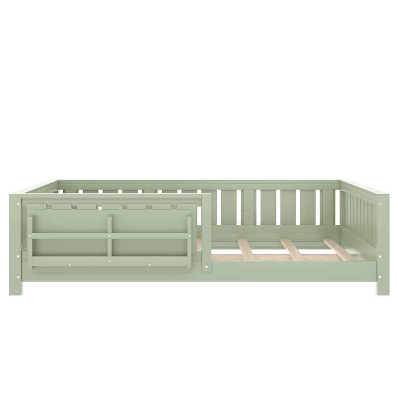 Low Profile Montessori Bed Floor Platform Bed with Fence and Bookshelf