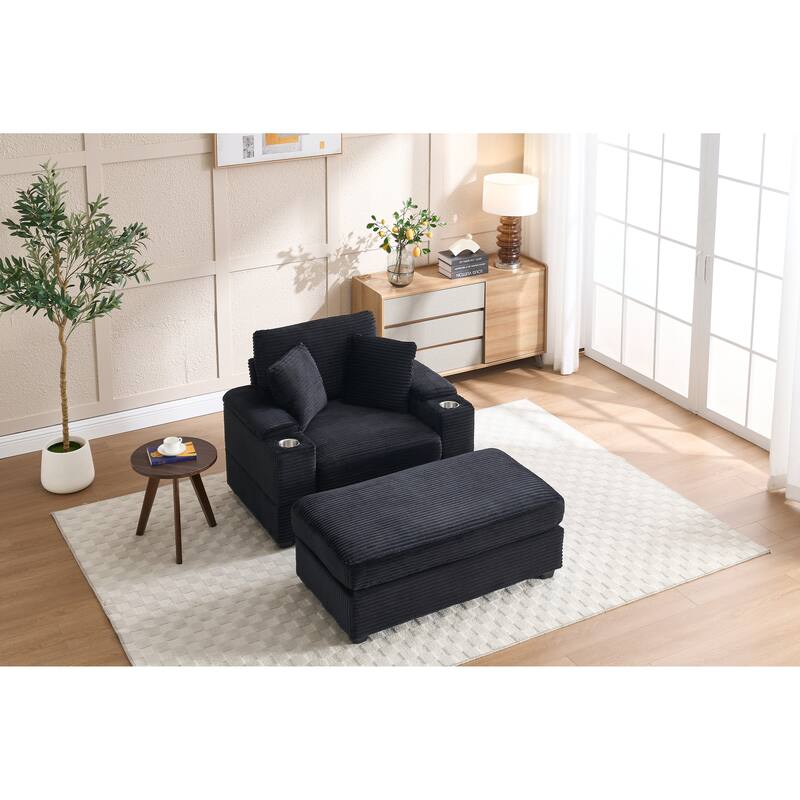 Corduroy Upholstered Chaise Lounge with Movable Ottoman, Living Room Storage Sofa Chair with Cup Holder, Detachable Cushions