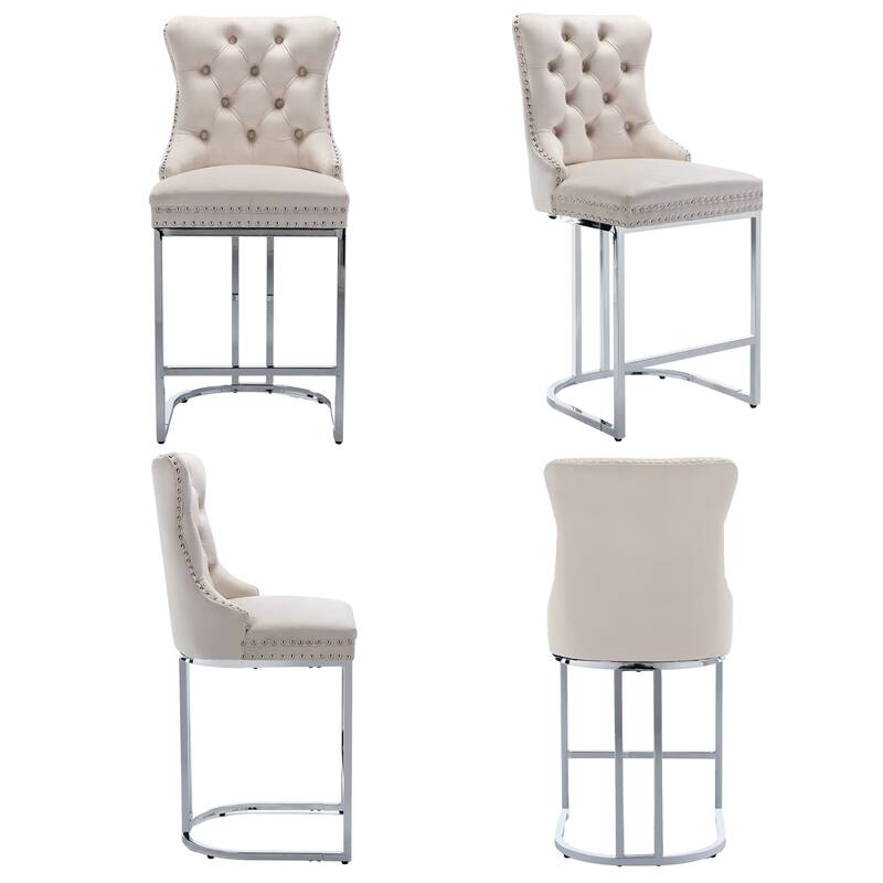 Modern Velvet Upholstered Barstools with Metal Base Leg